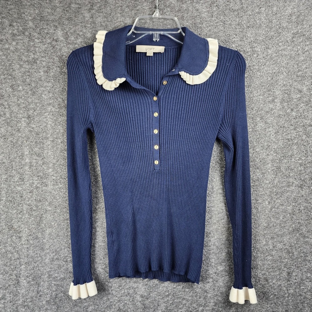 Loft Sweater Womens M Ribbed Knit Blue Ruffle Collar Button Down EUC